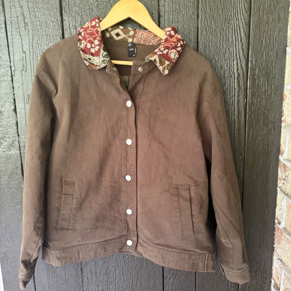 Cider Brown Barn Jacket Tapestry Contrast Collar Boho Utility Shacket Size M